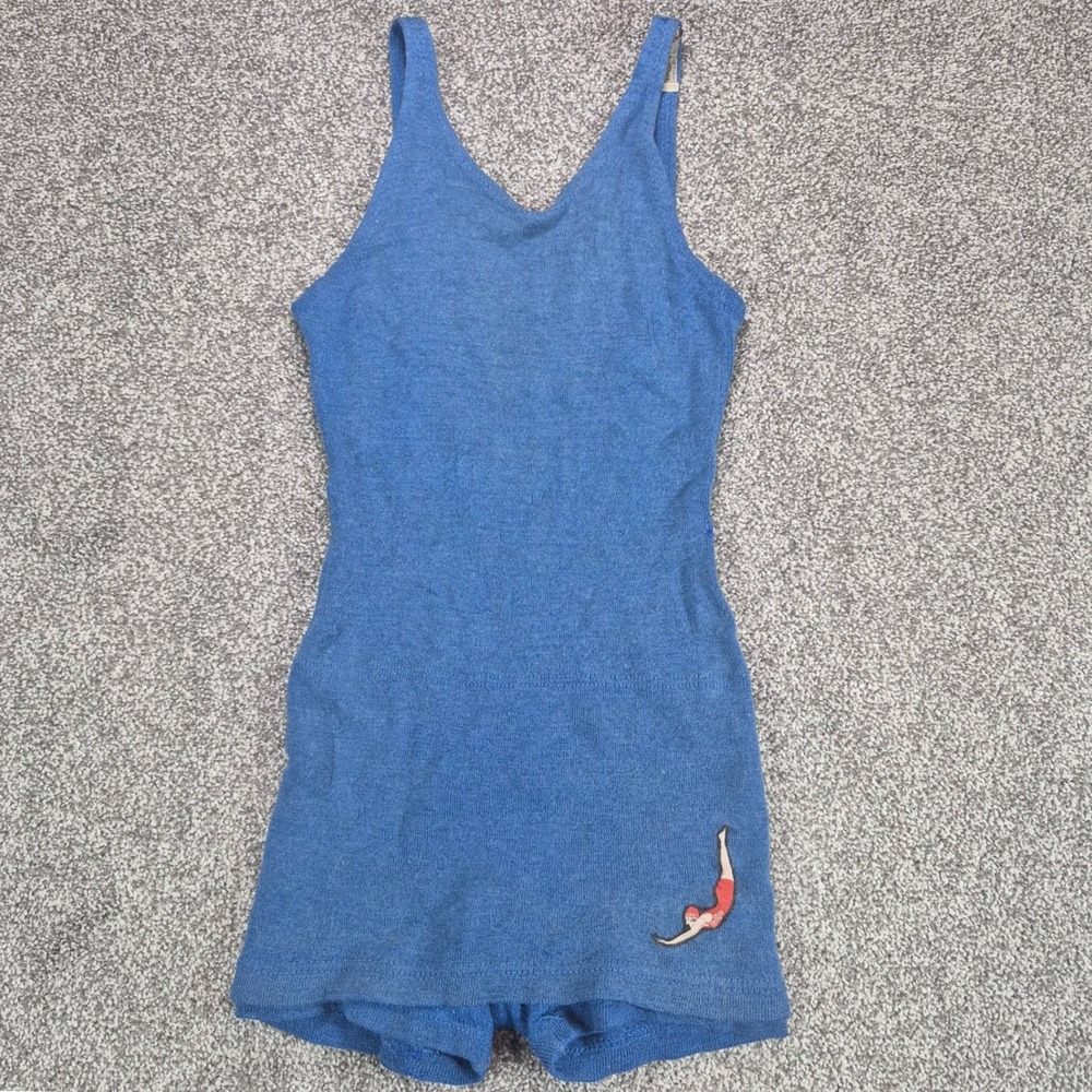 Vintage 1930s Jantzen Swimsuit Womens 38 Blue Wool Knit Diving Girl USA
